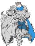 anthro armor biceps blue_bottomwear blue_cape blue_clothing bottomwear cape clothing couter cuirass cuisse ear_tuft fur gauntlets gloves greaves grey_body grey_fur grey_hair grey_mane hair handwear knight knight_armor leaning_on_object looking_aside male mane medieval muscular muscular_anthro muscular_male pauldron poleyn red_eyes sabatons shield silver_(metal) silver_armor simple_background smile solo striped_body striped_fur stripes tower_shield tuft vambrace warrior white_background drks glanz_(reoh_ch_h_v) felid mammal pantherine tiger 2019 artist_name dated