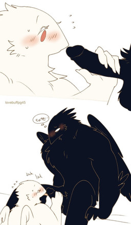 ambiguous_gender anthro athletic black_body black_feathers blush bodily_fluids duo eyelashes eyes_closed feathers genitals holding_penis humanoid_genitalia humanoid_penis inner_monologue kneeling_oral_position licking licking_tip long_eyelashes looking_at_another looking_at_partner looking_down looking_down_at_partner male male/ambiguous onomatopoeia penis red_eyes side_view simple_background sitting sound_effects sweat sweat_emanata text thinking thought_bubble three-quarter_view tongue white_background white_body white_feathers wings lovebuffpg45 abby_(pegu2726) azure_(pegu2726) avian artist_name digital_drawing_(artwork) digital_media_(artwork) english_text hi_res sequence