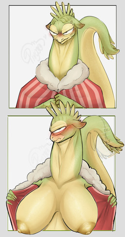 ambassador_elia_(invincible) angry anthro areola avoiding_eye_contact big_breasts blush breasts clothed clothing comicpresenting_breasts female green_body hesitant huge_breasts looking_at_viewer looking_back nipples nude presenting simple_background solo tail tail_motion tailwag topwear yellow_body pingo alien avian bird humanoid lizard mammal reptile scalie 16:9 2026 absurd_res comic digital_drawing_(artwork) digital_media_(artwork) hi_res portrait shaded watermark widescreen