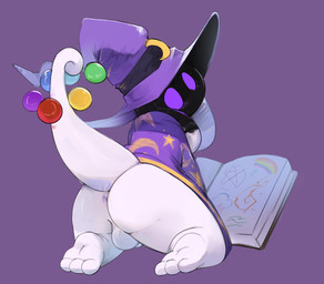 3_toes anthro anus backsack balls biped book butt clothed clothed_anthro clothed_male clothing feet flaccid floppy_ears genitals hat headgear headwear looking_at_viewer looking_back looking_back_at_viewer lop_ears male male_anthro obscured_face open_book pattern_clothing pattern_robe penis print_clothing print_robe purple_anus purple_background purple_clothing purple_eyes purple_hat purple_headwear purple_robe raised_tail rear_view robe simple_background solo tail tapering_tail toes white_balls white_body white_penis white_tail wizard_hat wizard_robe smite_(artist) nue_stargazer alien dreameater_(stargazernue) mammal 2026 digital_drawing_(artwork) digital_media_(artwork) hi_res