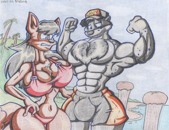 abs anthro beach big_breasts bikini bikini_bottom bikini_top black_hair body_hair bottomwear breasts brown_body brown_eyes brown_fur bulge chest_hair chest_tuft clothing duo female fur hair hat headgear headwear huge_breasts male multicolored_body multicolored_fur muscular muscular_male navel plant sand seaside swimming_trunks swimwear tan_body tan_fur tattoo thick_thighs topwear tree tuft two-piece_swimsuit two_tone_body two_tone_fur water virus-20 june_coyote travis_seal aquatic canid canine canis coyote mammal pinniped seal 2019 traditional_media_(artwork)
