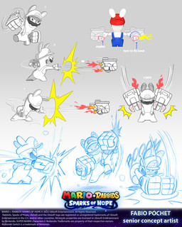 4_fingers action_pose anthro attack black_eyes black_facial_hair black_mustache blue_clothing blue_eyes blue_facial_hair blue_line_art blue_mustache blue_overalls button_(fastener) closed_frown clothed clothed_anthro clothed_male clothing copyright_symbol facial_hair fingers fire fist frown fur furrowed_eyebrows gauntlets_(weapon) gradient_background grey_background hat hat_over_eyes headgear headwear light long_ears male male_anthro midair motion_lines mouth_closed mustache noseless number on_one_leg onomatopoeia open_mouth open_smile overalls pose punch rear_view red_clothing red_hat red_headwear shirtless_anthro shirtless_male short_legs simple_background slamming smile smoke solo sound_effects standing symbol t-pose tan_inner_ear text title white_body white_clothing white_fur white_hat white_headwear white_overalls year fabio_pochet mario_bros mario_plus_rabbids_kingdom_battle mario_plus_rabbids_sparks_of_hope nintendo raving_rabbids rayman_(series) ubisoft rabbid_mario lagomorph mammal rabbid 2022 3d_(artwork) 4:5 absurd_res artist_name colored colored_line_art concept_art crossover digital_drawing_(artwork) digital_media_(artwork) english_description english_text hi_res lighting official_art shaded