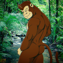 anthro biped brown_body brown_fur brown_hair butt closed_smile eyes_closed fur hair male mouth_closed muscular muscular_anthro muscular_male nipples nude nude_anthro nude_male pink_nipples smile solo tail fabfelipe haplorhine mammal monkey primate 1:1 2019 chromatic_aberration digital_media_(artwork) hi_res
