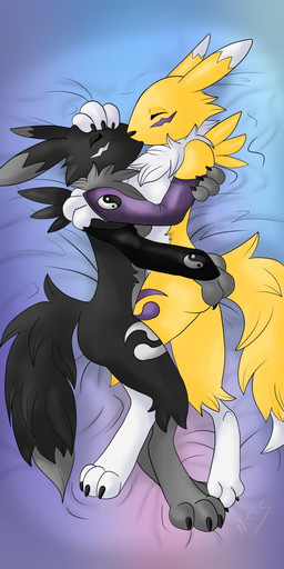 anthro armwear bird's-eye_view breast_squish breasts breasts_frottage bridal_gauntlets claws clothing dark dipstick_ears dipstick_tail duo ear_markings eyes_closed female female/female fur hand_on_butt hand_on_head high-angle_view hug intraspecies kiss_on_lips kissing lying markings multicolored_ears multicolored_tail neck_tuft on_side squish tail tail_markings toe_claws tuft white_body white_fur wings yellow_body yellow_fur ni3ls bandai_namco digimon canid canine digimon_(species) mammal renamon 1:2 2015 hi_res
