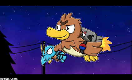 ambiguous_gender antennae_(anatomy) armband beak black_bars blinking blue_body brown_body brown_feathers claws duo feathered_wings feathers feral flying holding_another jet_pack night outline outside plant size_difference sky smile star starry_sky tan_body tan_feathers text tree white_outline wings yellow_beak zandermanith nintendo pokemon clauncher farfetch'd generation_1_pokemon generation_6_pokemon pokemon_(species) 2d_animation animated artist_name digital_media_(artwork) hi_res pixel_(artwork) pixel_animation male_(lore)
