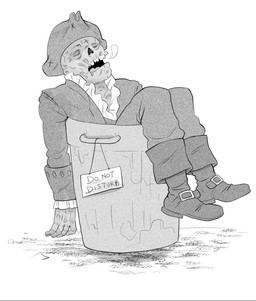 ambiguous_gender boots clothed clothing footwear fully_clothed hat headgear headwear missing_nose not_furry riding_boots rococo_clothing shoes sign sleeping solo text trash_can tricorne nyarlah fallout microsoft hancock_(fallout) ghoul_(fallout) humanoid black_and_white english_description english_text hi_res monochrome