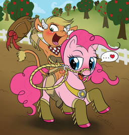 apple blonde_hair blue_eyes clothing cloud duo female fence feral food fruit fur genitals green_eyes hair hat headgear headwear heart_symbol horn looking_back open_mouth outside pink_body pink_fur pink_hair plant quadruped riding sky straddling tail tail_tuft tongue tongue_out tree tuft vulva furnut friendship_is_magic hasbro my_little_pony pinkie_pie_(mlp) bovid bovine cattle earth_pony equid equine horse mammal pony 2012