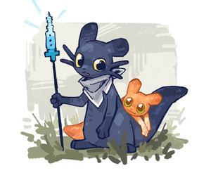 ambiguous_gender black_nose duo feral fingers green_eyes holding_object holding_weapon kerchief looking_at_another melee_weapon mouth_closed open_mouth polearm pupils spear standing tail weapon yellow_eyes aaasakawa rain_world videocult slugcat 2026