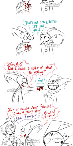 6_panel_comic >_< angry anthro beak blood blood_from_mouth blood_in_mouth blood_on_hand bodily_fluids bruh censored_profanity clothing cough coughing_blood cow_costume cross-popping_vein crown dialogue ellipsis eyes_closed feather_hair feathers group headgear heart_symbol horn index_to_index looking_at_viewer male prank pseudo_hair sad simple_background suspenders sweat text trio unimpressed watery_eyes white_background yelling yelling_at_another young norithelord hellaverse helluva_boss blitzo_(helluva_boss) fizzarolli_(helluva_boss) stolas_(helluva_boss) avian avian_demon bird demon humanoid imp owl owl_demon 2022 absurd_res artist_name black_and_white_and_red comic english_text hi_res sketch watermark