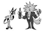 anthro bottle clothing collared_shirt container duo footwear holding_bottle holding_container holding_object looking_at_viewer male polo_shirt sandals shirt shoes suit topwear saintlycharles domestic_cat felid feline felis mammal siamese 2021 absurd_res hi_res monochrome