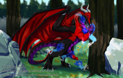 belly black_body black_scales bodily_fluids cum disembodied_hand feral forest_background genital_fluids genitals ghost_hand knot male penis pose purple_belly red_body red_penis red_scales scales solo icy-marth mythology sarinox dragon mythological_creature mythological_scalie scalie pinup