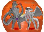 anthro clothed clothing dialogue duo jockstrap male skimpy speedo swimwear tail topless underwear wings daikuhiroshiama capcom monster_hunter mythology dalamadur dragon elder_dragon fatalis mythological_creature mythological_scalie scalie white_fatalis hi_res