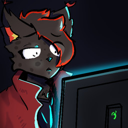anthro brown_body brown_fur clothing computer_monitor eye_through_hair fur hair humor male red_clothing simple_background surprised translucent translucent_hair what fuseadrift flarelinx 1:1 low_res shaded simple_shading