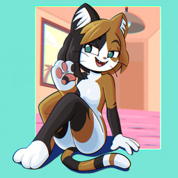 3_toes anthro black_body black_fur black_hair breasts brown_body brown_fur brown_hair digit_ring fangs featureless_breasts feet female foot_focus fur genitals green_eyes hair hindpaw jewelry looking_at_viewer multicolored_body multicolored_fur multicolored_hair nude nude_anthro nude_female open_mouth pawpads paws ring small_breasts smile soles solo tail teeth toe_ring toes vulva whiskers white_body white_fur toon_draw toon_pinups kawa_(storky_dev) calico_cat domestic_cat felid feline felis mammal 1:1 2024 digital_media_(artwork) hi_res