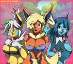 after_transformation anthro big_breasts bodily_fluids bra breasts clothing corset crying eyewear female glasses group jewelry lingerie looking_at_viewer necklace one_eye_closed panties pokeball pokeball_necklace tears topwear trio underwear wink kiro13 nintendo pokemon eeveelution flareon generation_1_pokemon jolteon pokemon_(species) vaporeon