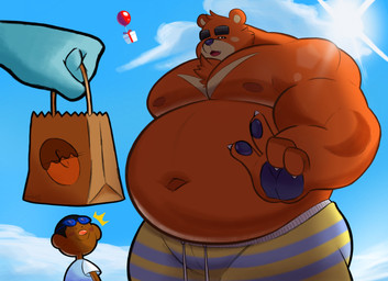anthro belly blue_body blue_fur bottomwear brown_body brown_fur clothing eyewear eyewear_on_head fur group humanoid_hands male moobs navel nipples outside overweight overweight_male pants shirt sun sunglasses sunglasses_on_head topwear splashburr animal_crossing nintendo teddy_(animal_crossing) bear human mammal 2021 hi_res