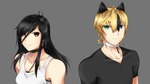 black_clothing black_collar black_ears black_hair black_shirt black_t-shirt black_topwear blonde_hair blue_eyes brown_eyes closed_smile clothed_female clothed_human clothed_humanoid clothed_male clothing collar collar_tag collarbone duo eye_through_hair eyebrow_through_hair eyebrows female green_eyes grey_background hair hair_over_shoulder heterochromia light long_hair looking_at_viewer male male/female mouth_closed multicolored_hair not_furry shirt short_hair simple_background smile smiling_at_viewer t-shirt tan_body tan_skin tank_top thin_eyebrows topwear translucent translucent_hair two_tone_hair v-neck v-neck_shirt white_clothing white_collar white_shirt white_tank_top white_topwear duokhay charles_(duokhay) chie_(duokhay) animal_humanoid canid canid_humanoid canine canine_humanoid dog_humanoid human humanoid mammal mammal_humanoid 2016 colored digital_drawing_(artwork) digital_media_(artwork) hi_res lighting shaded