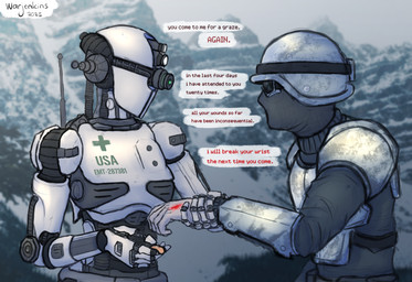 armor band-aid bandage clothing dialogue duo female headgear helmet holding_wrist machine male male/female mountain snow standing text topwear vest white_body wounded warjenkins fallout microsoft assaultron_(fallout) human humanoid mammal robot 2025 english_text hi_res signature
