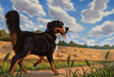 black_body black_fur black_gums black_nose brown_body brown_eyes brown_fur cloud detailed_background dirt_path feral field fluffy forest fur grass hay hay_bale markings multicolored_body multicolored_fur plant quadruped raised_tail sky solo tail tongue tongue_out tree walking wheat_field white_markings alexpahomov bernese_mountain_dog canid canine canis domestic_dog mammal molosser mountain_dog swiss_mountain_dog 2022 digital_media_(artwork) digital_painting_(artwork) hi_res painting_(artwork)