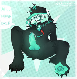 anthro balls belly big_balls big_penis black_body black_fur blush blush_lines blushing_at_viewer bodily_fluids butt chain claw_fingers claw_toes claws feet femboy finger_claws foot_fetish foot_focus footprint fur genital_fluids genitals hindpaw looking_at_viewer male navel nude pawpads pawprint pawprint_tattoo paws penis penis_size_difference pose precum precum_on_penis sitting solo speech_bubble spread_legs spreading tattoo teeth teeth_showing toe_claws ghiadiz die_of_death roblox pursuer_(die_of_death) humanoid monster pursuer_(species) robloxian hi_res pinup