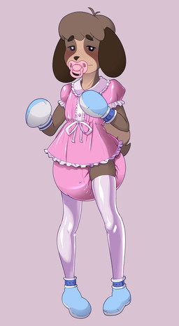anthro big_diaper blush blush_lines booties bow_ribbon brown_body brown_fur clothed clothing crossdressing diaper dress embarrassed femboy floppy_ears fluffy fluffy_tail frilly frilly_clothing frilly_dress fur handwear head_tuft latex latex_clothing latex_diaper latex_dress latex_legwear latex_stockings legwear male mittens object_in_mouth pacifier pacifier_in_mouth pink_clothing pink_dress solo stockings tail tuft octojo animal_crossing nintendo digby_(animal_crossing) canid canine canis domestic_dog mammal shih_tzu toy_dog absurd_res hi_res