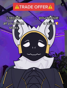 4_fingers anthro ear_tuft fingers fur machine male neck_tuft solo text tuft white_body white_fur panaxlad trade_offer eniac_(panaxlad) protogen absurd_res english_text hi_res meme