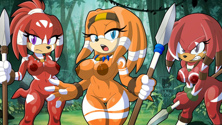 anthro areola bandage big_breasts black_nose blue_eyes breasts brown_areola brown_nipples female front_view fur genitals group holding_melee_weapon holding_object holding_polearm holding_spear holding_weapon jewelry looking_at_viewer markings melee_weapon navel necklace nipples nude open_mouth orange_body orange_fur polearm purple_eyes red_areola red_body red_fur red_nipples spear thick_thighs thigh_gap trio vulva weapon white_markings wide_hips skwid sega sonic_adventure sonic_the_hedgehog_(series) tikal_the_echidna echidna mammal monotreme 16:9 hi_res widescreen