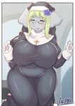 accessory anthro big_breasts blonde_hair blush breasts clothing cross curvy_figure eyes_closed eyewear female flower flower_in_hair glasses gloves grey_body hair hair_accessory handwear nun open_mouth plant simple_background smile solo thick_thighs voluptuous arumo elephant elephantid mammal proboscidean 2019 hi_res