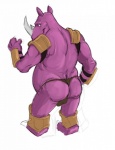 anthro armor bulge butt facial_horn half-closed_eyes horn looking_back male narrowed_eyes nose_horn overweight overweight_anthro overweight_male rear_view simple_background smile solo canson altered_beast sega neff_(altered_beast) van_vader mammal rhinoceros 2013 hi_res