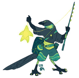 ambiguous_anthro ambiguous_gender anthro bag beak black_beak black_body black_feathers blue_sclera claws clothed clothing feathers fishing_rod glowing haramaki holding_fishing_rod holding_object leg_wraps multicolored_neck satchel simple_background solo standing topless topless_ambiguous topless_anthro white_background wraps frogcroaks avian bird corvid fish magpie_(corvid) marine oscine passerine absurd_res digital_media_(artwork) full-length_portrait hi_res portrait