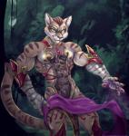 anthro clothed clothing countershading detailed_background fur green_eyes male muscular muscular_anthro muscular_male nipples solo bleakcat nekojishi studio_klondike shu-chi felid feline leopard_cat mammal prionailurus 2017