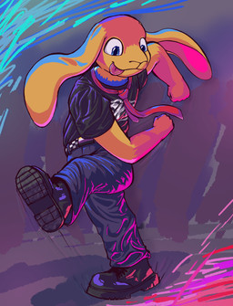 ambiguous_gender anthro band_shirt belt blue_eyes boots bottomwear clothed clothing dancing denim denim_bottomwear denim_clothing footwear jeans leather leather_boots leather_clothing leather_footwear lgbt_pride loose_necktie necktie nonbinary_pride_colors pants pride_colors print_clothing print_shirt print_t-shirt print_topwear shirt shoes simple_background ska skanking smile solo standing t-shirt tongue tongue_out topwear ray_karr ray_karr_bunny_(ray_karr) domestic_rabbit lagomorph leporid lop_rabbit mammal oryctolagus rabbit digital_media_(artwork) hi_res nonbinary_(lore)