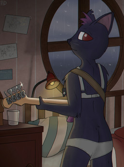 anthro bass_guitar clothed clothing cozy female furniture guitar lamp musical_instrument partially_clothed plucked_string_instrument raining solo string_instrument underwear underwear_down window freaknextdoor night_in_the_woods mae_borowski domestic_cat felid feline felis mammal absurd_res hi_res