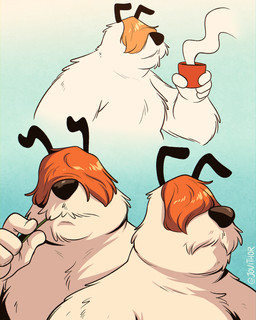 anthro beverage black_ears black_nose burly chest_tuft coffee coffee_mug container cup fur hair hair_over_eyes light_body light_fur male mug musclegut muscular overweight overweight_anthro overweight_male red_hair solo text toothpick tuft john_vithor jovithor srjohn looney_tunes warner_brothers sam_sheepdog canid canine canis domestic_dog herding_dog mammal pastoral_dog sheepdog artist_name portrait