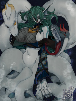 anchor armwear big_breasts big_hands blue_body blue_skin breasts choker clothing detached_sleeves ear_fins female fin fishnet_clothing fishnet_topwear green_eyes hair head_tentacles jacket jewelry markings multi_head necklace red_eyes sharp_teeth solo teal_hair teeth tentacles tongue tongue_out topwear yellow_eyes mossyboy kath'ool_(deathwing_vt) humanoid scylla hi_res