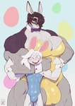 abs anthro big_bulge big_muscles big_pecs blush bow_tie bulge bulge_size_difference duo gynomorph hair hair_over_eye holidays huge_muscles huge_pecs intersex intersex/male looking_at_viewer male muscular muscular_intersex muscular_male pecs white_body white_hair peculiart easter ruth_(peculiart) stig_(peculiart) lagomorph leporid mammal rabbit 2025 hi_res