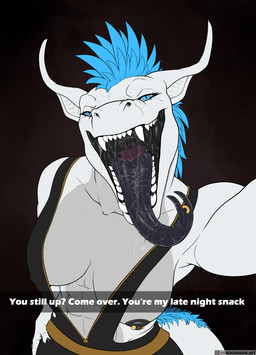 breasts female open_mouth piercing selfie solo teeth text tongue vore conditional_dnp danza mythology patreon dragon mythological_creature mythological_scalie scalie hi_res