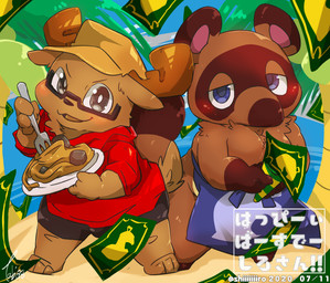 anthro apron beach blue_apron blue_clothing blush bottomwear brown_body brown_fur chibi clothing duo eyewear fur glasses hat headgear headwear kemono male money outside seaside shirt shorts slightly_chubby topwear water tiri_mama animal_crossing nintendo tom_nook_(animal_crossing) canid canine mammal raccoon_dog tanuki 2020 absurd_res hi_res