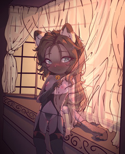 anthro bay_window bell bell_collar black_clothing black_ear_tips black_hair black_legwear black_stockings blue_eyes blush brown_hair brown_tail_tip clothing collar curtains dipstick_ears dipstick_tail ear_markings female flat_chested fur grey_body grey_fur hair legwear lingerie looking_at_viewer markings multicolored_ears nipples partially_covered pink_nose solo standing stockings suspenders tail tail_markings thong underwear window window_seat young young_anthro young_female fluffyusagii pepper_(kittyprint) siamese_cat absurd_res hi_res