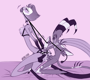big_horn cuff_(restraint) dominant duo feather_tuft feathers gag gagged horn larger_sub leash leash_pull male male/male nude nude_male restraints royalty scared simple_background size_difference submissive tuft sblitos hellaverse helluva_boss blitzo_(helluva_boss) stolas_(helluva_boss) demon imp owl_demon hi_res
