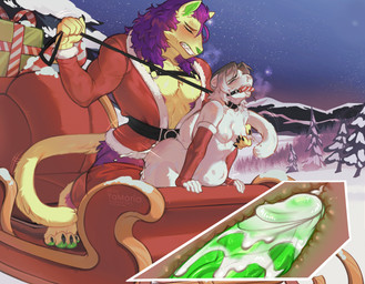 anthro big_penis blush bodily_fluids bottomwear breasts breath bulge butt christmas_clothing claws clothed clothing cloud collar cum cum_in_vagina cum_inside cum_while_penetrated detailed_background duo ejaculation erection eyebrows female female_penetrated fingers fur genital_fluids genitals glistening hair holidays huge_penis leash leash_pull leashed_collar long_hair looking_pleasured male male/female male_penetrating male_penetrating_female muscular night nipples nude open_mouth orgasm outside panting penetration penile penile_penetration penis penis_in_vagina plant sex size_difference sky smile tail thick_thighs tongue tongue_out topwear vaginal vaginal_penetration vein veiny_penis white_body yamorio christmas enes21 roman_(yamorio) felid feline mammal 2025 hi_res