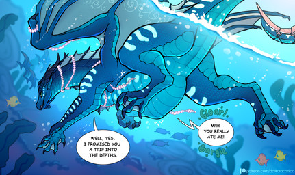 abdominal_bulge belly big_belly blue_body blue_horn blue_scales bubble dialogue diving duo feet female female_pred feral feral_pred frill_(anatomy) gem green_eyes head_crest head_frill horn jewelry membrane_(anatomy) membranous_wings mostly_submerged neck_frill necklace pearl_(gem) pearl_necklace scales soft_vore speech_bubble swimming tail talking_to_pred talking_to_prey text toes underwater underwater_scenery underwater_view unseen_prey vore water waterline_view webbed_feet webbed_hands wings darkdraconica mythology wings_of_fire coral_(wof) ambient_fish ambient_sealife aquatic aquatic_dragon dragon mythological_creature mythological_scalie scalie seawing_(wof) 2024 digital_media_(artwork) english_text url