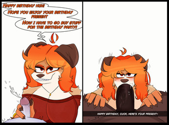 anthro big_penis black_border bodily_fluids border bullying cheating_wife corruption cuckold cuckold_pov cum cumshot dialogue duo ejaculation fellatio female genital_fluids genitals handjob happy_birthday humiliation infidelity male male/female oral penile penis ring sex size_difference small_penis speech_bubble sweat text vein veiny_penis mokagrps meeka_(mokagrps) randy_(mokagrapes) bear canid canine canis domestic_dog mammal absurd_res comic english_text hi_res