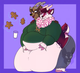 2_horns 2_toes 3_fingers anthro antlers behind_another belly belly_grab belly_on_ground big_belly biped blue_magic bottomwear brown_body brown_countershading brown_fur christmas_clothing christmas_cookies christmas_sweater christmas_topwear chubby_cheeks clothing container cookie countershade_face countershade_fur countershade_tail countershading deep_navel duo feederism feeding feet fetlocks fingers food fur glass glass_container glass_of_milk green_clothing green_sweater green_topwear grey_bottomwear grey_clothing grey_pants holidays hoof_hands hooves horn huge_belly magic magic_user male male/male male_anthro mane markings milk milk_container morbidly_obese morbidly_obese_anthro morbidly_obese_male navel obese obese_anthro obese_male overweight overweight_anthro overweight_male pants pink_eyes pink_hooves pink_markings red_body red_fur scut_tail short_tail slightly_chubby slightly_chubby_anthro slightly_chubby_male sweater tail telekinesis toes topwear white_body white_countershading white_mane strawberrymilkdog christmas viktor_(doughieglowie) deer mammal new_world_deer reindeer hi_res