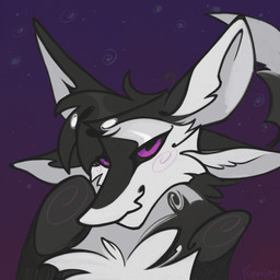 4_ears ambiguous_gender anthro black_body black_feathers black_fur black_sclera blush cheek_tuft chest_tuft cosmic_background countershade_face countershade_fur countershade_torso countershading facial_tuft feathers fur hair looking_at_viewer multi_ear multicolored_body narrowed_eyes nude purple_eyes simple_background sky smile smug solo space space_background star starry_sky tail text tuft white_body white_feathers white_fur keuejay fyr_(fenrir784) avali avian bird 1:1 2025 bust_portrait colored digital_media_(artwork) english_text hi_res icon portrait signature