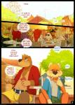 anthro backpack banjo-kazooie banjo_(banjo-kazooie) bear blue_text bodily_fluids brown_body brown_fur cigarette cigarette_in_mouth clothing color_coded color_coded_text comic conker conker's_bad_fur_day container crossover crowd cup dialogue english_text fur group hi_res hollo_nut kemono male mammal mouth_hold object_in_mouth page_number plant rareware red_clothing red_shirt red_text red_topwear rodent sciurid shirt smoking speech_bubble sweat text topwear tree tree_squirrel vehicle