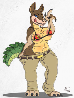 anthro areola areola_slip belt big_breasts bikini bikini_pull bikini_top blue_eyes bottomwear bottomwear_pull breasts brown_body brown_fur claws clothing clothing_pull colored_edge_bikini crossgender female finger_claws flame_print flame_print_bikini front_view fur green_body green_scales licking licking_lips licking_own_lips looking_at_viewer micro_bikini mtf_crossgender navel one_eye_closed pants pants_pull scales self_lick slightly_chubby solo standing swimwear swimwear_pull tan_body tan_bottomwear tan_clothing tan_fur tan_pants toe_claws tongue tongue_out two-piece_swimsuit undressing wink meatboom activision crash_bandicoot_(series) dingodile canid canine canis crocodile crocodilian dingo hybrid mammal reptile scalie 2019 full-length_portrait hi_res portrait
