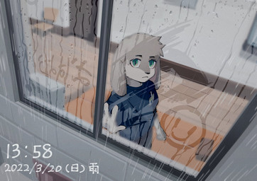anthro bird's-eye_view chair furniture hand_on_window high-angle_view inside long_ears looking_at_viewer male neutral_expression perspective rain_on_window raining solo text window rakkasei canid canine canis domestic_dog mammal hi_res japanese_text