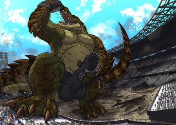 4_toes 5_fingers abs anthro balls balls_outline biceps biped boxer_briefs building building_destruction building_sex bulge city city_background city_crushing city_destruction cityscape claws clothed clothing crush destruction detailed_background detailed_bulge erection extreme_size_difference feet finger_claws fingerless_gloves fingers footprint genital_outline genitals gloves green_body group handwear house humanoid_genitalia humanoid_penis macro macro_anthro macro_male male masturbation muscular muscular_anthro muscular_male open_mouth oral_vore outside pawprint paws pecs penile penile_masturbation penis penis_outline rampage size_difference sky solo_focus stadium stomping tail teeth toe_claws toes tongue underwear vore tatugon carnak_(carpo) crocodile crocodilian reptile scalie hi_res