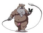 anthro balls beard belly big_belly black_nose brown_body facial_hair genitals humanoid_hands male navel overweight overweight_male penis simple_background solo weapon bravo bear mammal 2022